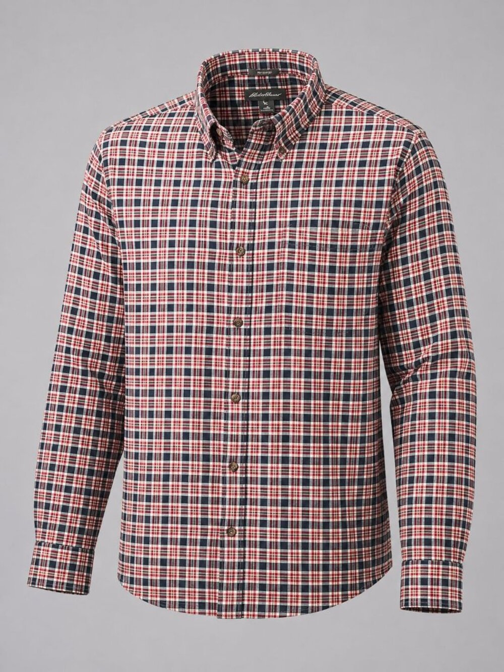Eddie Bauer Mens XL Shirt Red Navy Relaxed Fit Plaid Button Down Long Sleeve